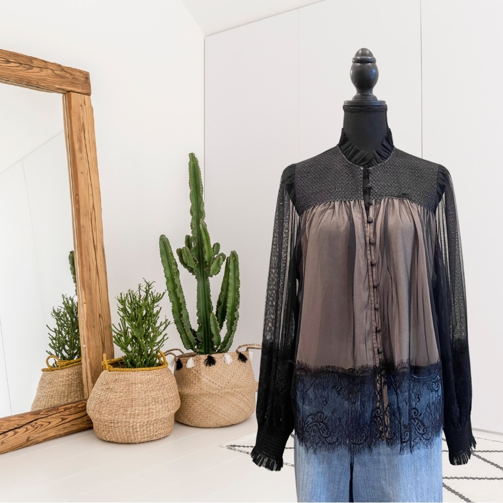 By Anthropologie Layered Tulle Long Puff Sleeve Button Down Top